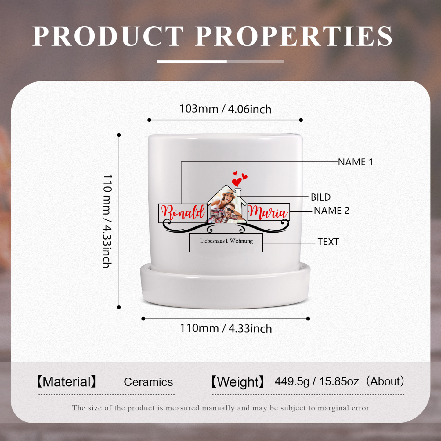 Personalisierbare 2 Namen & Foto & Text Liebespaar Blumentopf Einweihungsgeschenk Geschenk für ein neues Zuhause