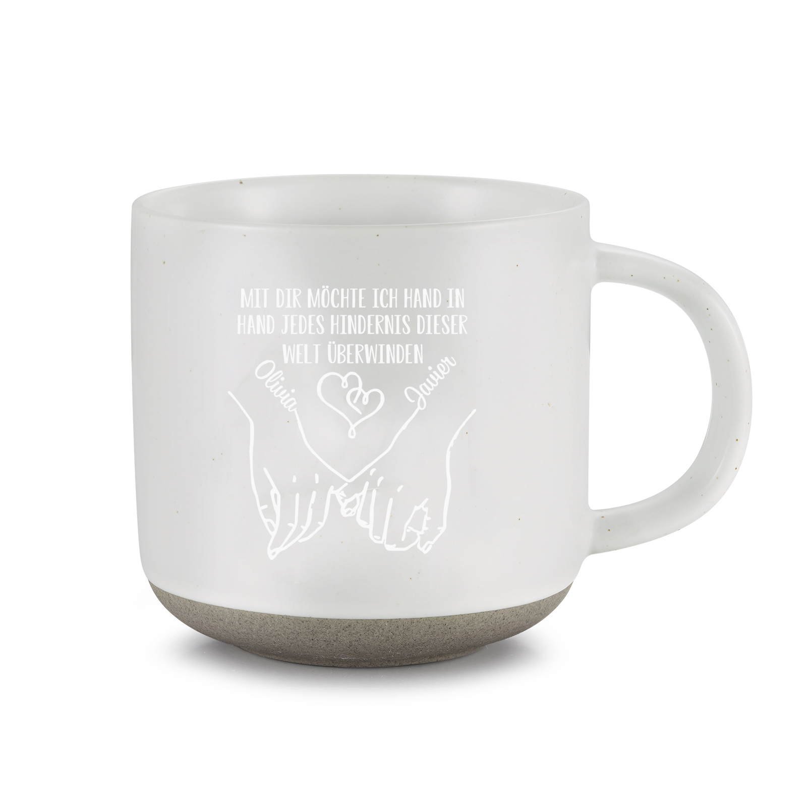 Personalisierte 2 Name & Text Hand-in-Hand Keramik Mark-Tasse mit schwarzer/ weißer Schrift– Einzigartiges Geschenk für Paar