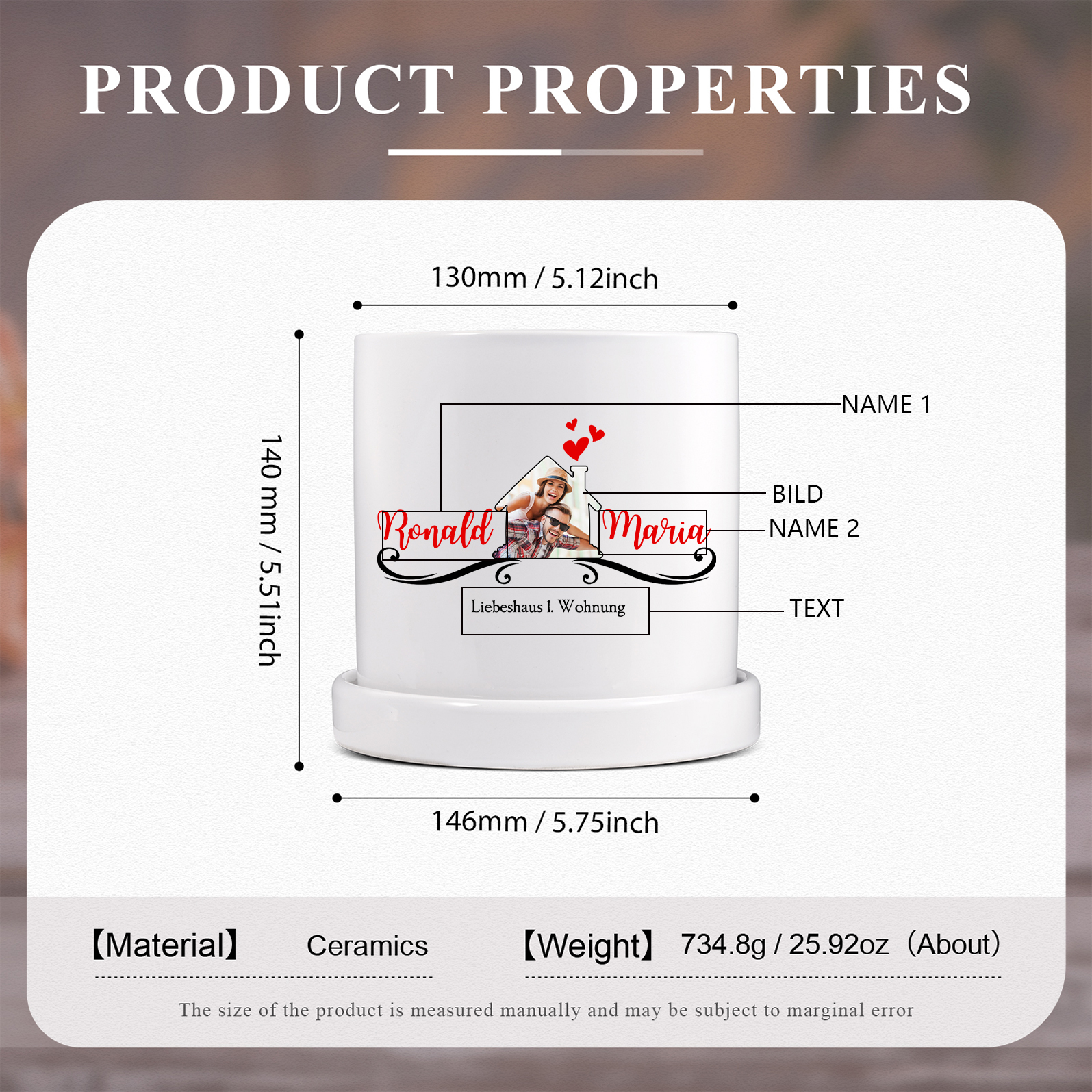 Personalisierbare 2 Namen & Foto & Text Liebespaar Blumentopf Einweihungsgeschenk Geschenk für ein neues Zuhause