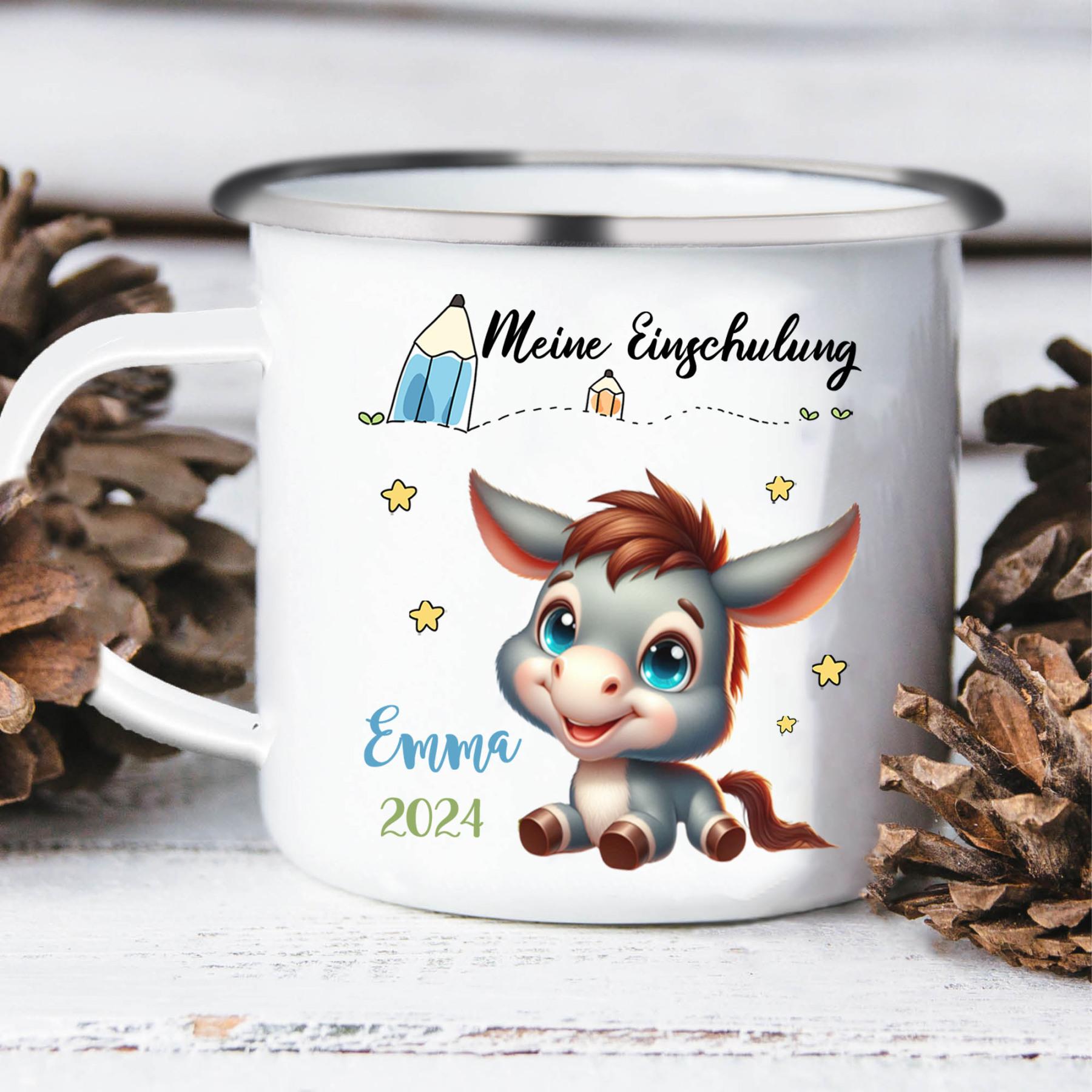 Emaille Tasse-Personalisierter Name & Datum Eselchen Becher -Meine Einschulung- Geschenk zum Schulanfang