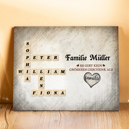 Personalisierte 2-12 Namen Holzbild Rechtsschreibspiel im Kreuzworträtsel-Stil – Liebe Familie – Geschenk für Familie