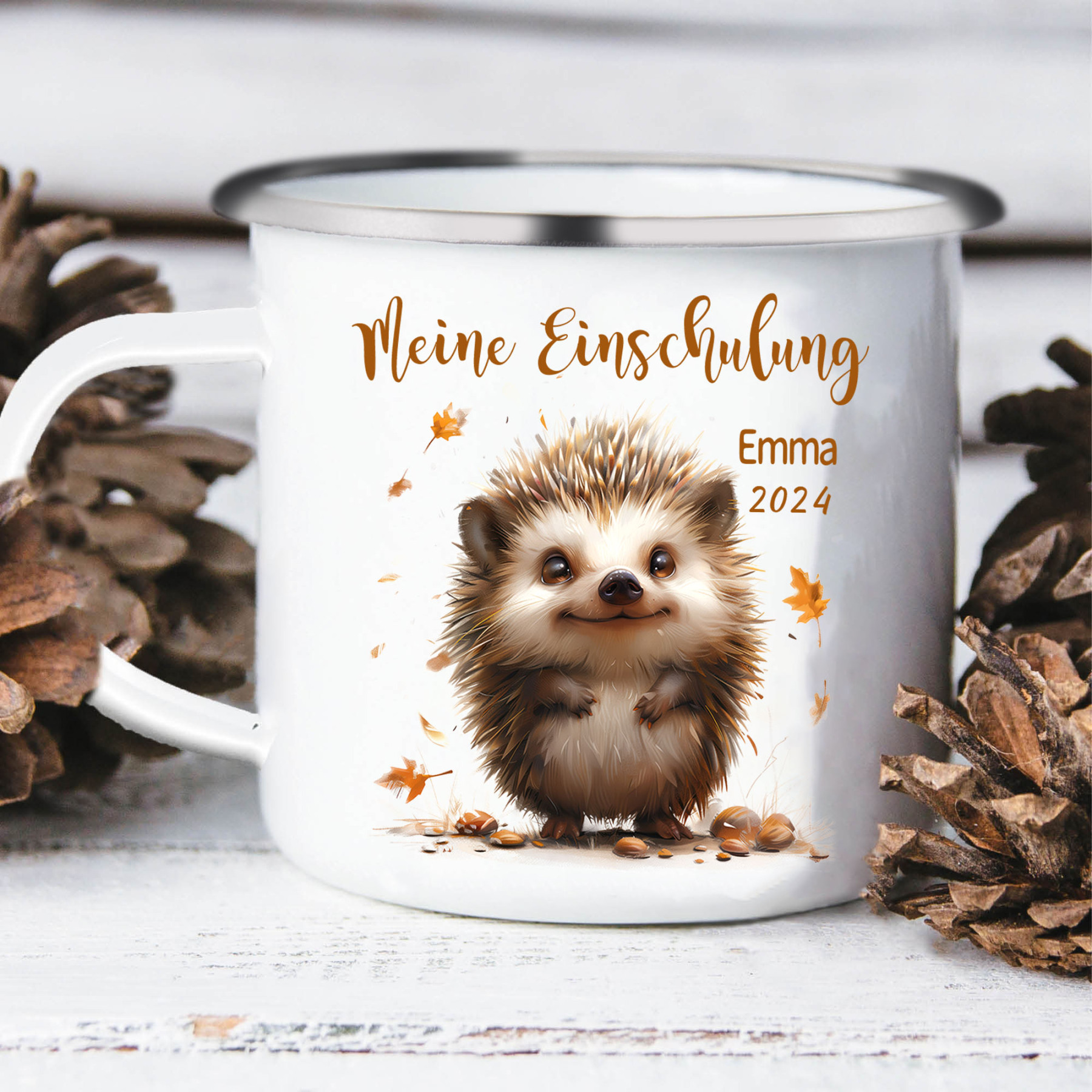 Emaille Tasse-Personalisierter Name & Datum Igel Becher -Meine Einschulung- Geschenk zum Schulanfang