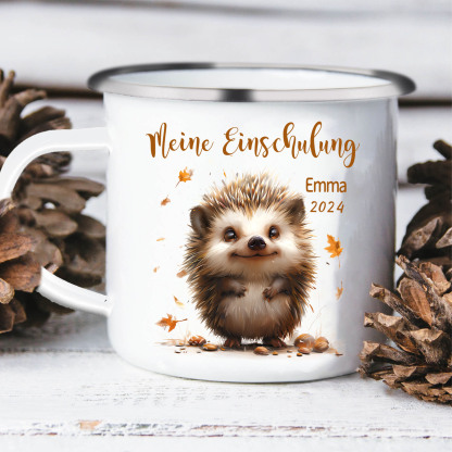 Emaille Tasse-Personalisierter Name & Datum Igel Becher -Meine Einschulung- Geschenk zum Schulanfang