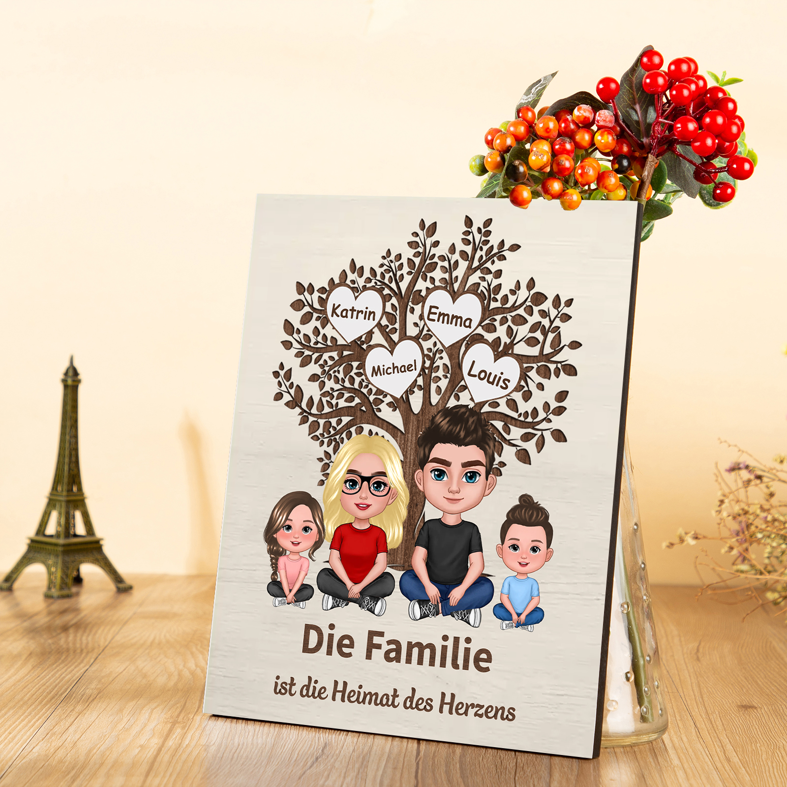 Familie Holzbild - Personalisierte 2-8 Namen auf Herzen & Familienbaum Holz Gedenkdekoration Geschenk für Familie