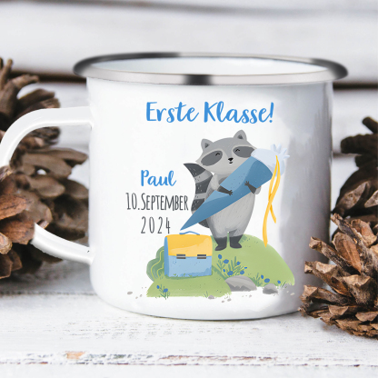 Emaille Tasse-Personalisierter Name & Datum Waschbären Becher -Erste Klasse - Geschenk zum Schulanfang