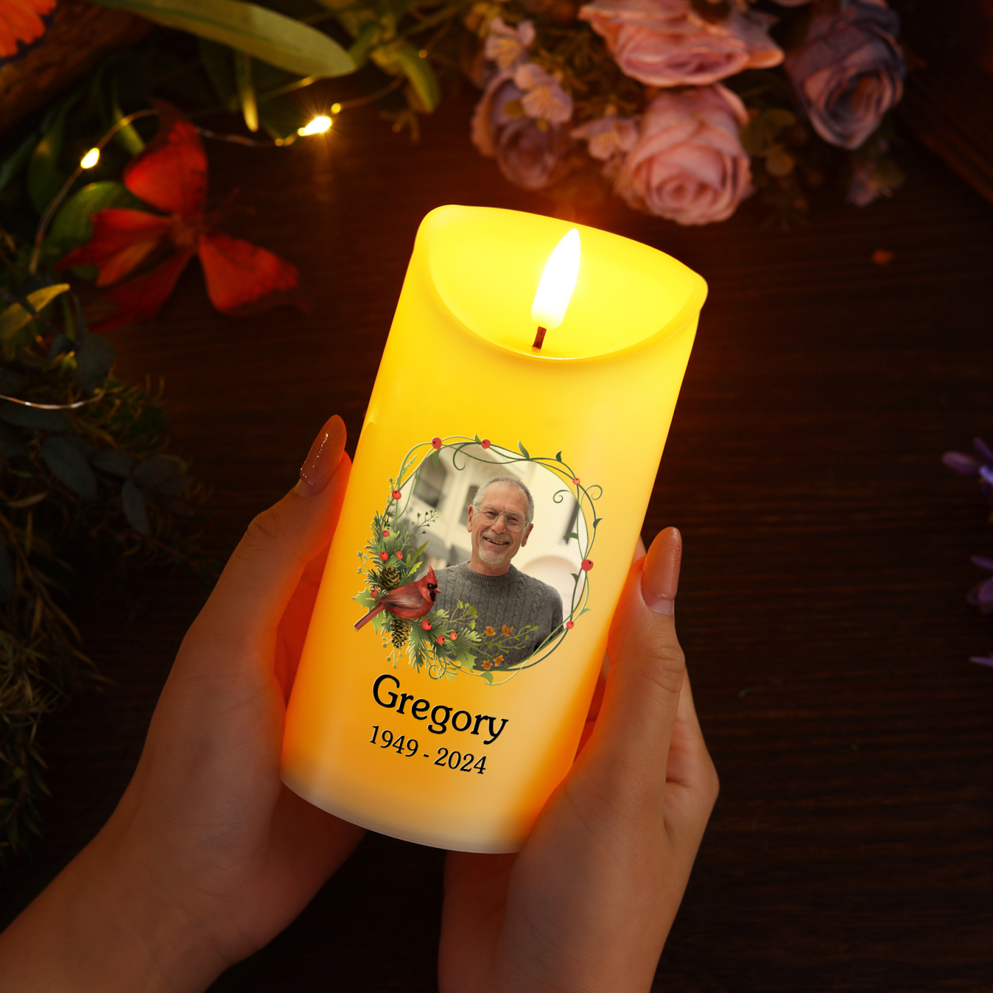 Personalisierbares Foto & Name & Datum LED-Gedenk-Kerze – Dieses Licht Leuchtet als Symbol der Liebe und Erinnerung – Elektronische Kerze zum Andenken