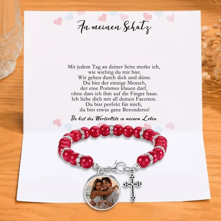 Personalisiertes Foto Armband mit Kreuzanhänger & Geschenkkarte - An meinen Schatz - Schwarz/ Rot/ Weiß/ Lila Perle Armband