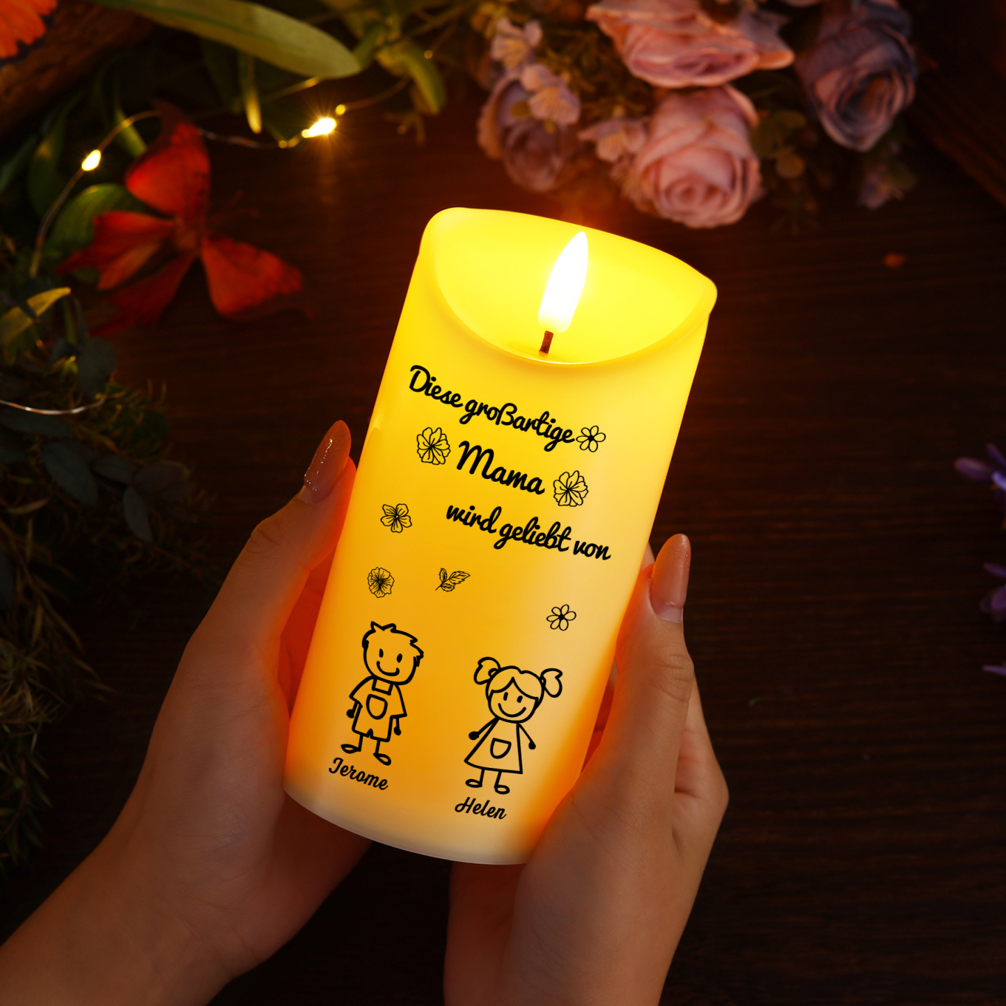 Personalisierte LED-Kerze mit 2 Namen & Muster – Diese großartige Mama wird geliebt von.. – perfektes Geschenk für Mama