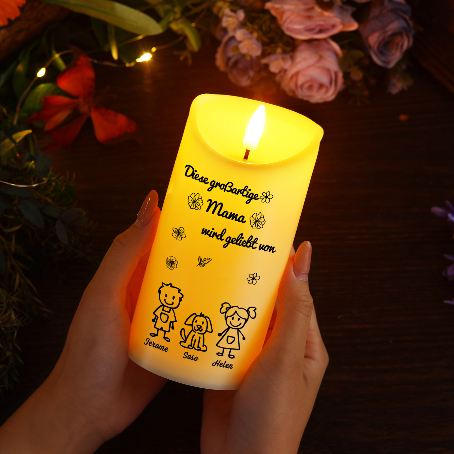 Personalisierte LED-Kerze mit 3 Namen & Muster – Diese großartige Mama wird geliebt von.. – perfektes Geschenk für Mama