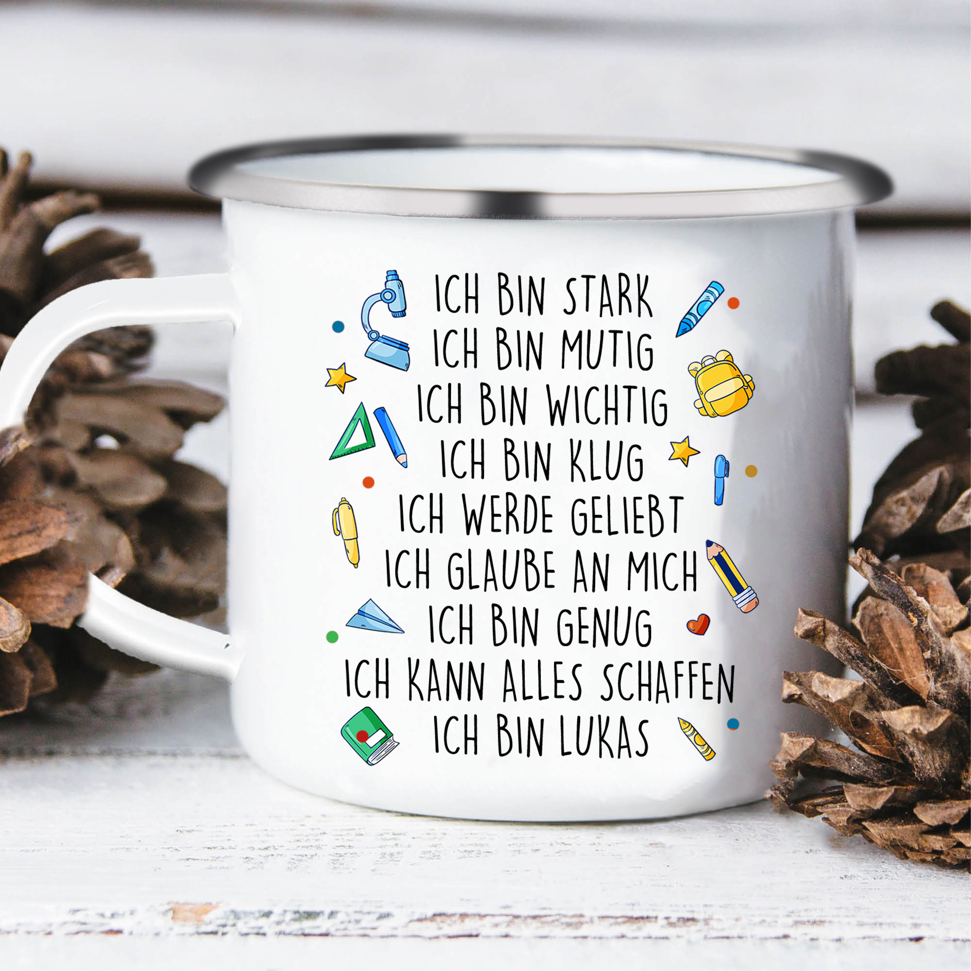 Emaille Tasse-Personalisierter Name & Datum Tiger Becher - Hurra ich bin ein Schulkind Ich kann alles schaffen - Geschenk zum Schulanfang