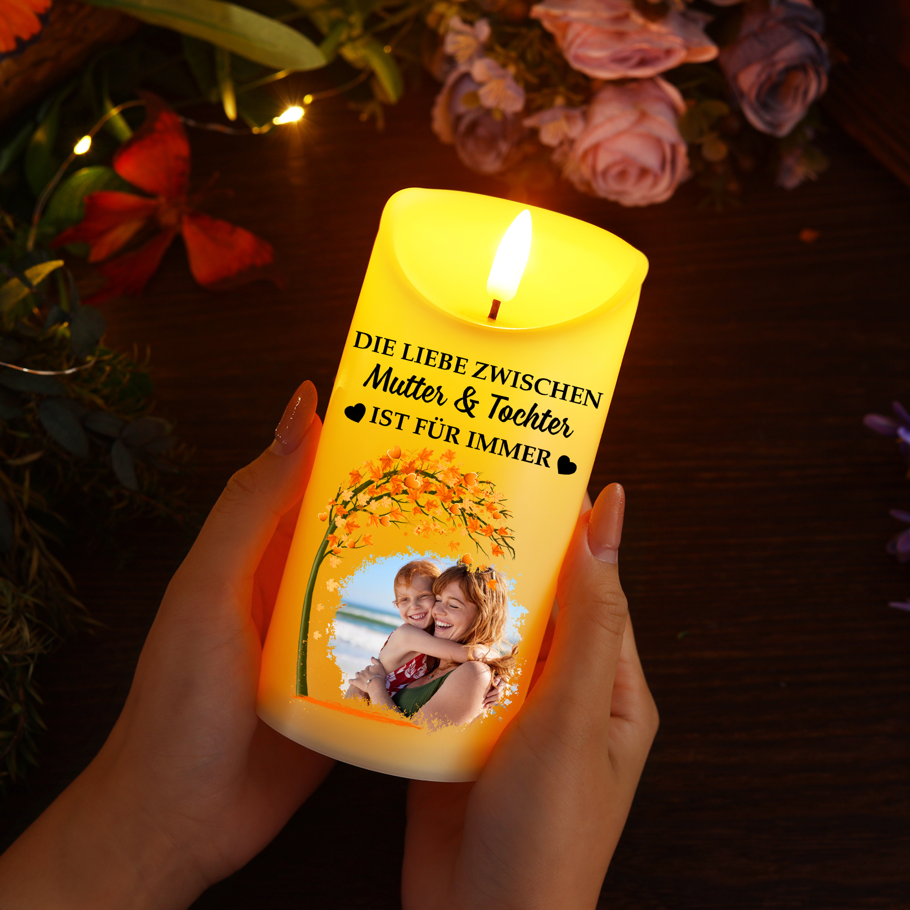 Personalisierbarer mit 1 Foto LED-Kerze für Mutter –  Die Liebe Zwischen Mutter & Kinder Ist Für Immer