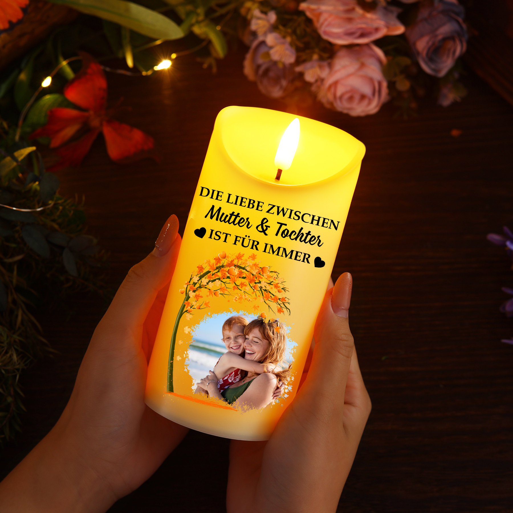 Personalisierbarer mit 1 Foto LED-Kerze für Mutter –  Die Liebe Zwischen Mutter & Kinder Ist Für Immer
