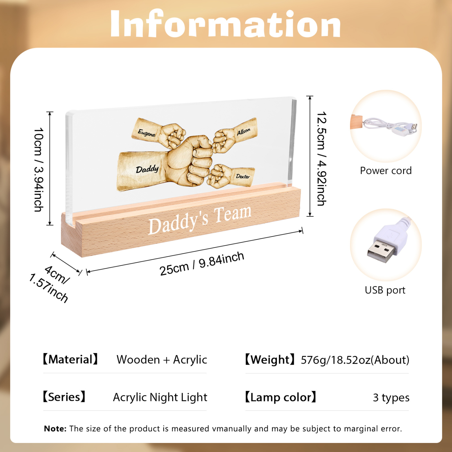 Personalisierte 4 Namen & Text PAPA Faust Nachtlicht Geschenk für Vater