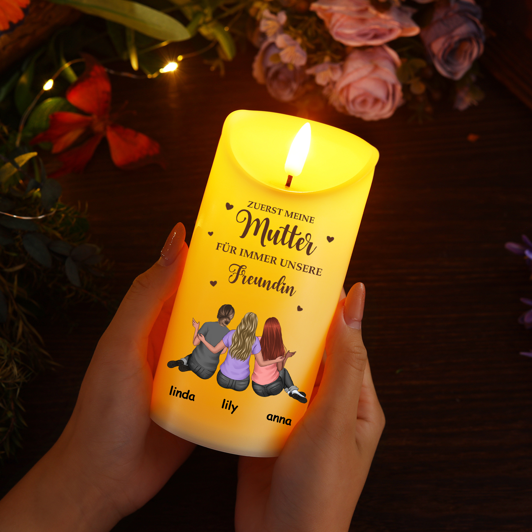 Personalisierbare LED-Kerze mit Namen & Text - ZUERST MEINE Mutter, FÜR IMMER MEINE Freundin- Mama & Tochter