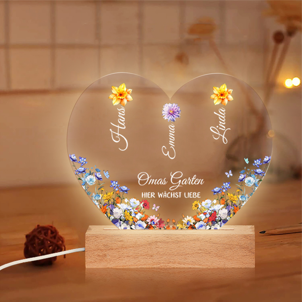 Personalisierte 1-8 Namen & Blumen Herz Omas Garten Nachtlicht Geschenk für Großmutter zum Muttertag