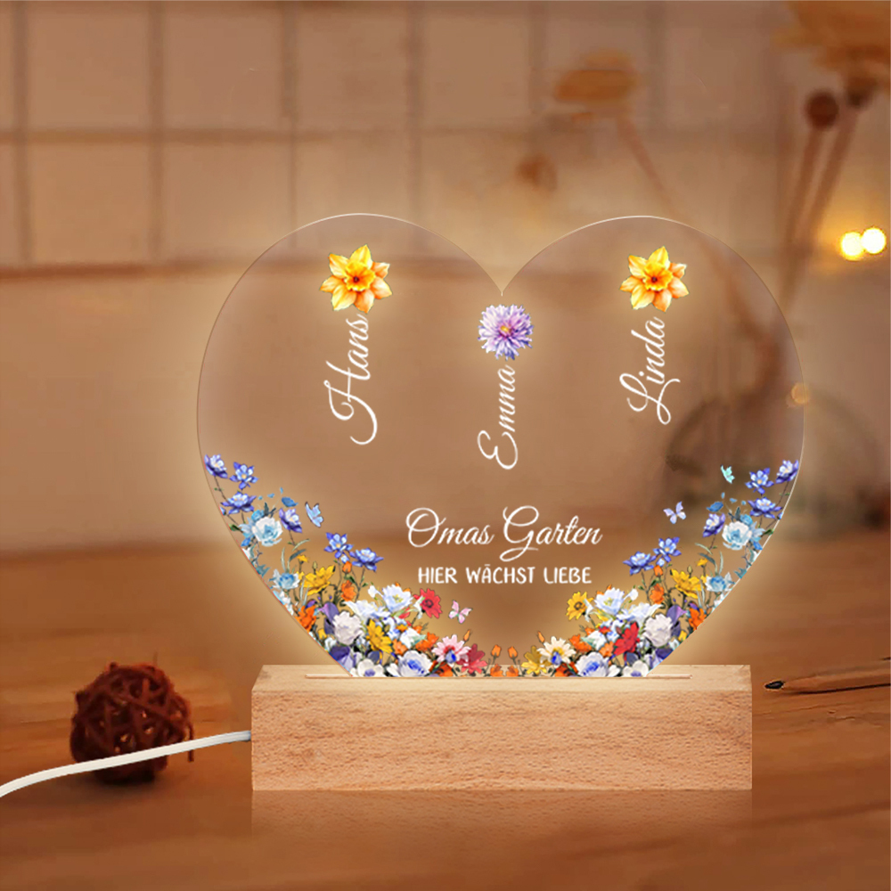 Personalisierte 1-8 Namen & Blumen Herz Omas Garten Nachtlicht Geschenk für Großmutter zum Muttertag