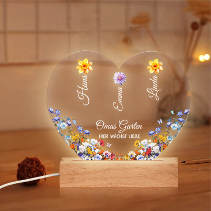 Personalisierte 1-8 Namen & Blumen Herz Omas Garten Nachtlicht Geschenk für Großmutter zum Muttertag