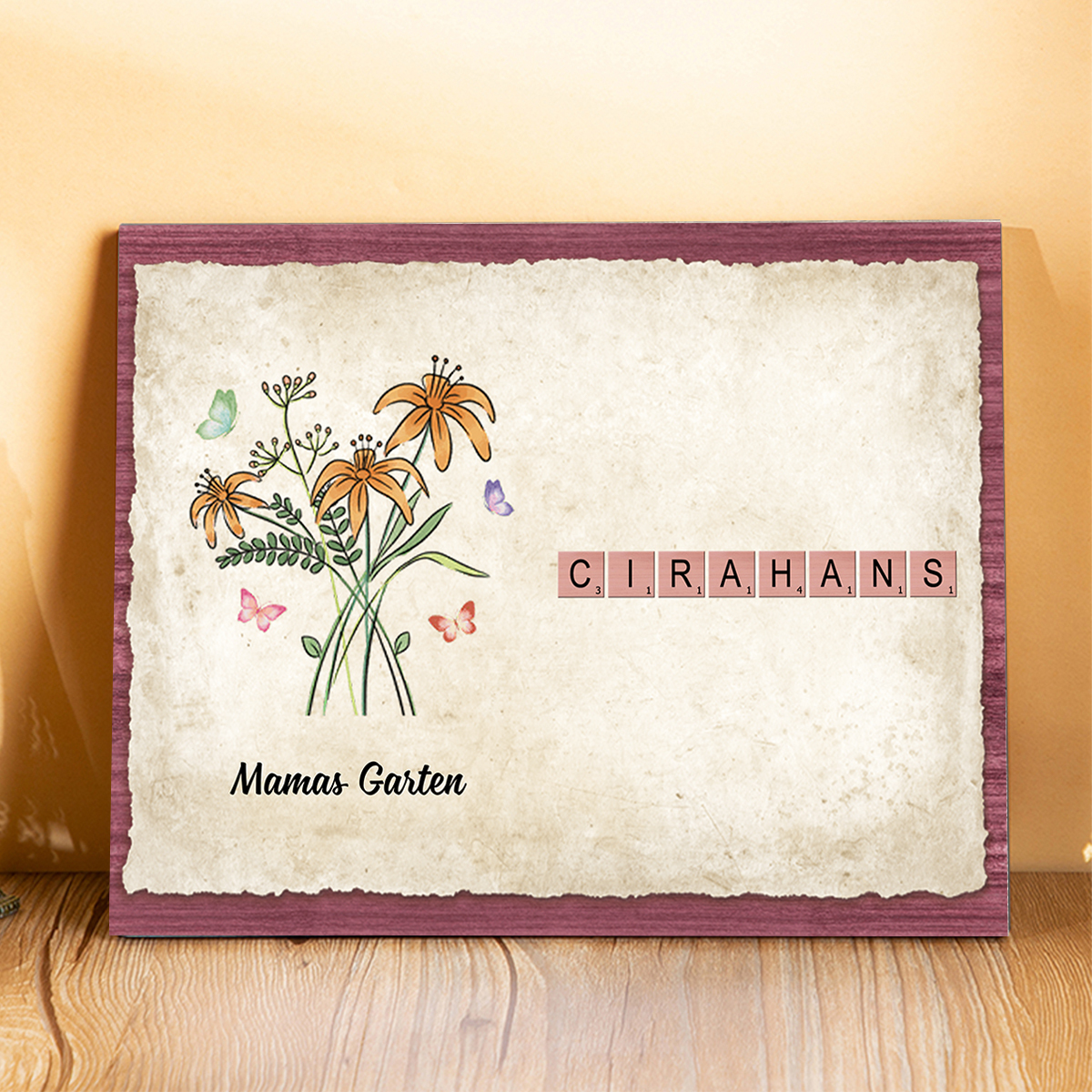 Kreuzworträtsel mit Holzrahmen, personalisierte Worte-Mamas Garten