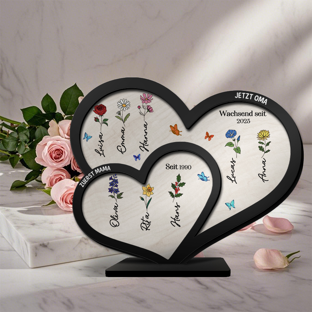Doppelherz Holzbild-Personalisierte Namen & Geburtsblume, zuerst Mama, Jetzt Oma-Geschenk zum Muttertag