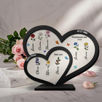 Doppelherz Holzbild-Personalisierte Namen & Geburtsblume, zuerst Mama, Jetzt Oma-Geschenk zum Muttertag