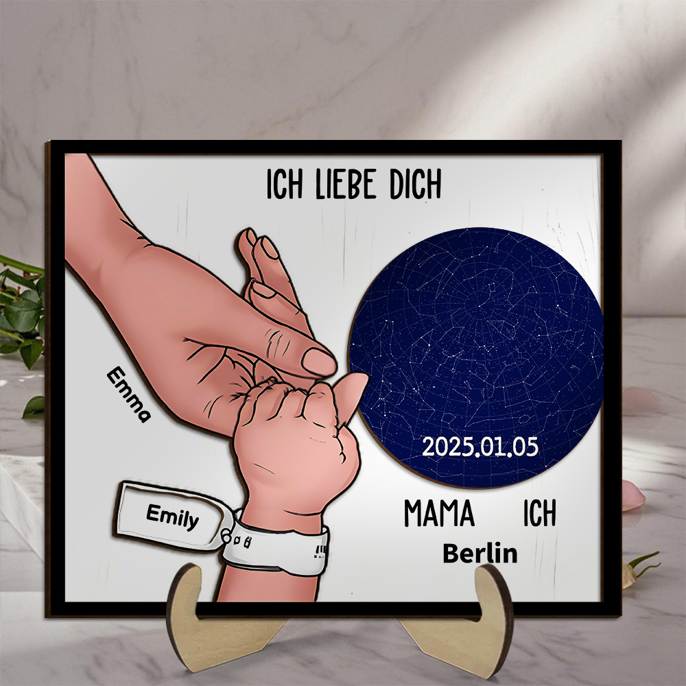 Holzbild Sternenkarte-Personalisierte Namen & Text & Datum-Hand in Hand-Geschenk zum Muttertag