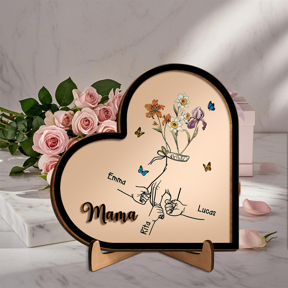 Herz Holzbild-Personalisierte 1-10 Namen & Geburtsblume-Geschenk zum Muttertag