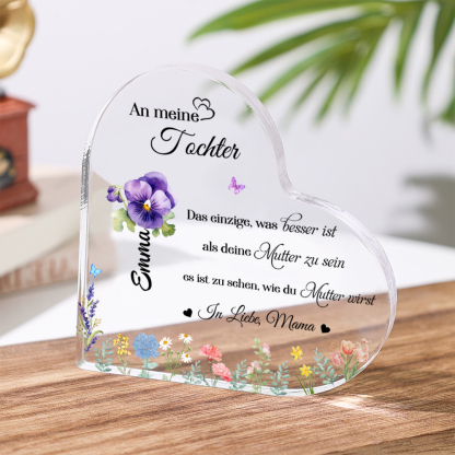 Personalisierte Text & Name & Geburtsblume Herz Acryl-Deko-An meine Tochter -Schreibtischdekoration für Tochter