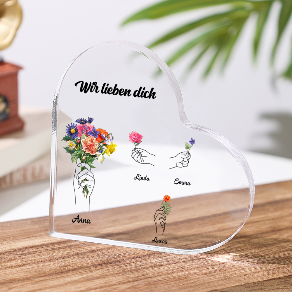 Personalisierte Name & Geburtsblume Herz Acryl-Deko-Schreibtischdekoration für Mama
