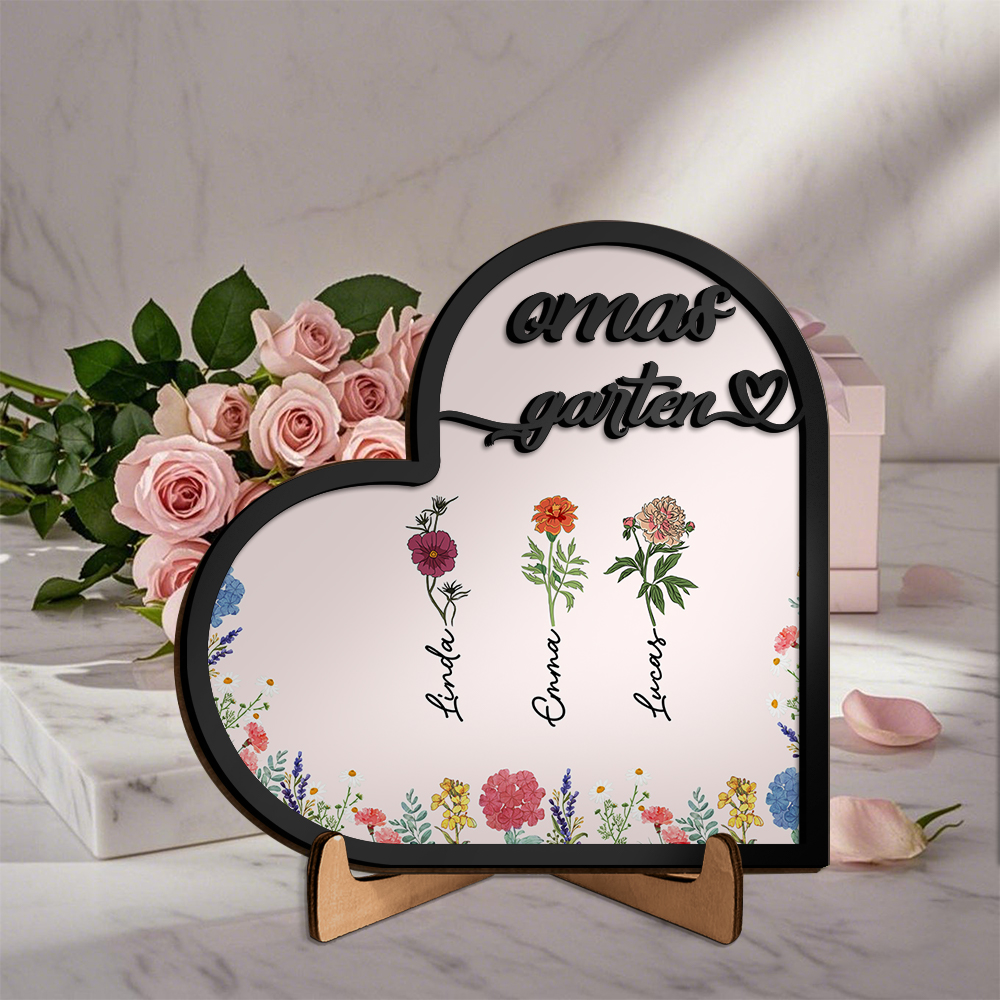 Herz Holzbild-Personalisierte 1-7 Namen & Geburtsblumen -Omas Garten-Geschenk zum Muttertag für Mama/Oma