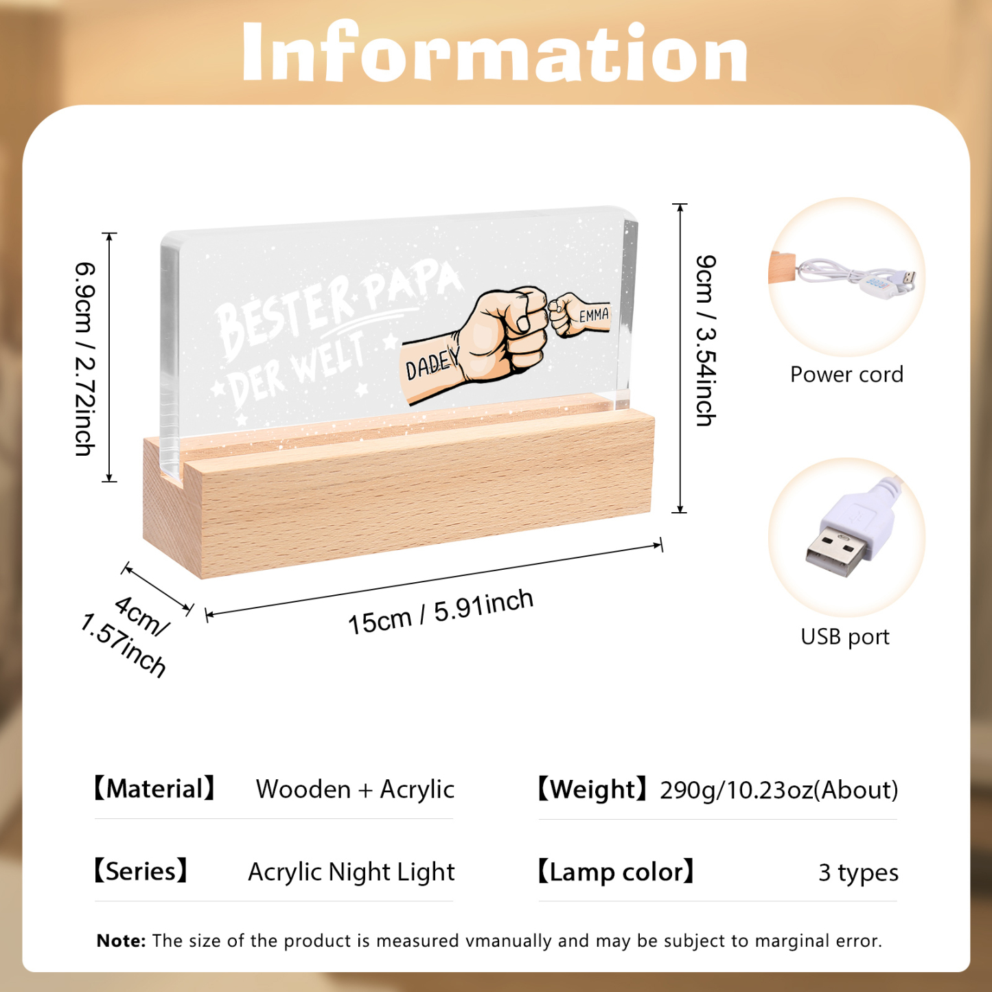 Personalisierte 2 Namen PAPA Faust Nachtlicht Geschenk für Vater-Bester Papa der Welt