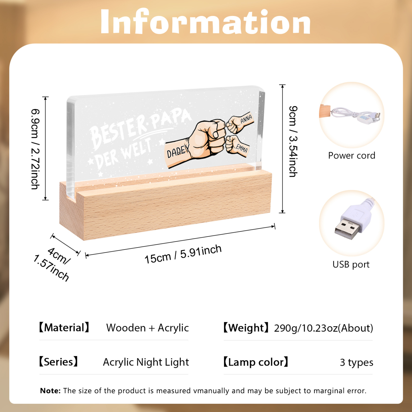 Personalisierte 3 Namen PAPA Faust Nachtlicht Geschenk für Vater-Bester Papa der Welt