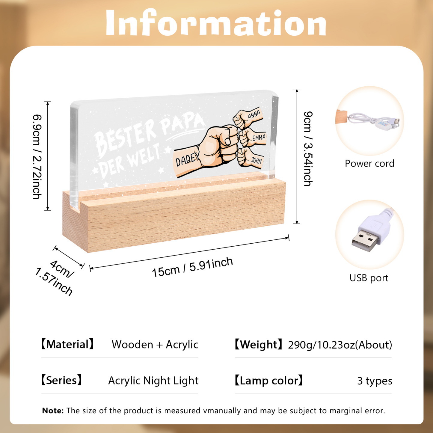 Personalisierte 4 Namen PAPA Faust Nachtlicht Geschenk für Vater-Bester Papa der Welt