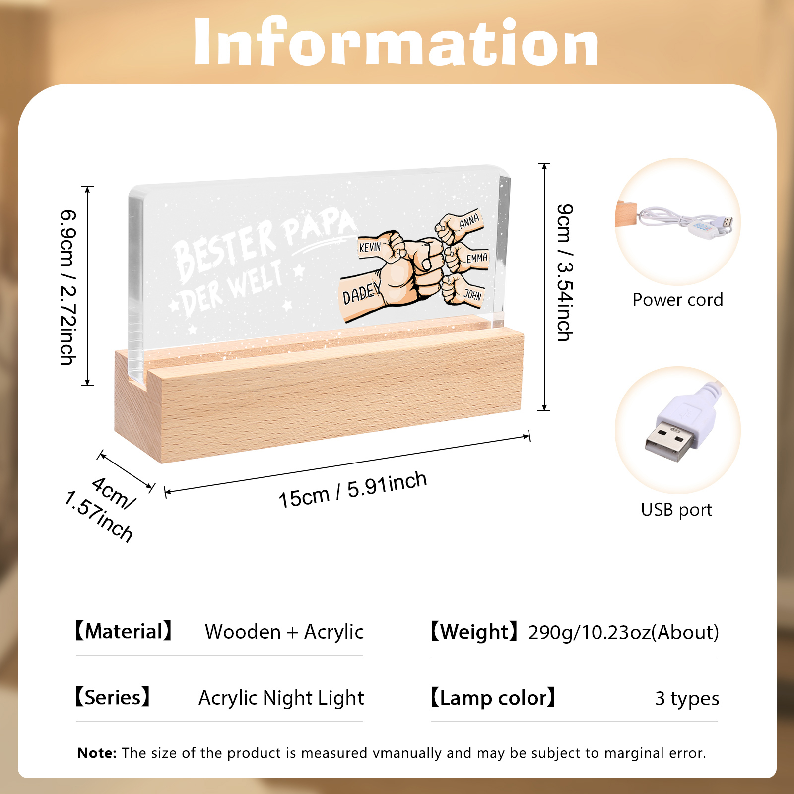 Personalisierte 5 Namen PAPA Faust Nachtlicht Geschenk für Vater-Bester Papa der Welt