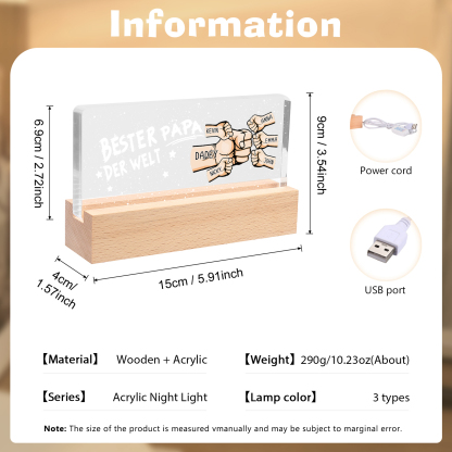 Personalisierte 6 Namen PAPA Faust Nachtlicht Geschenk für Vater-Bester Papa der Welt