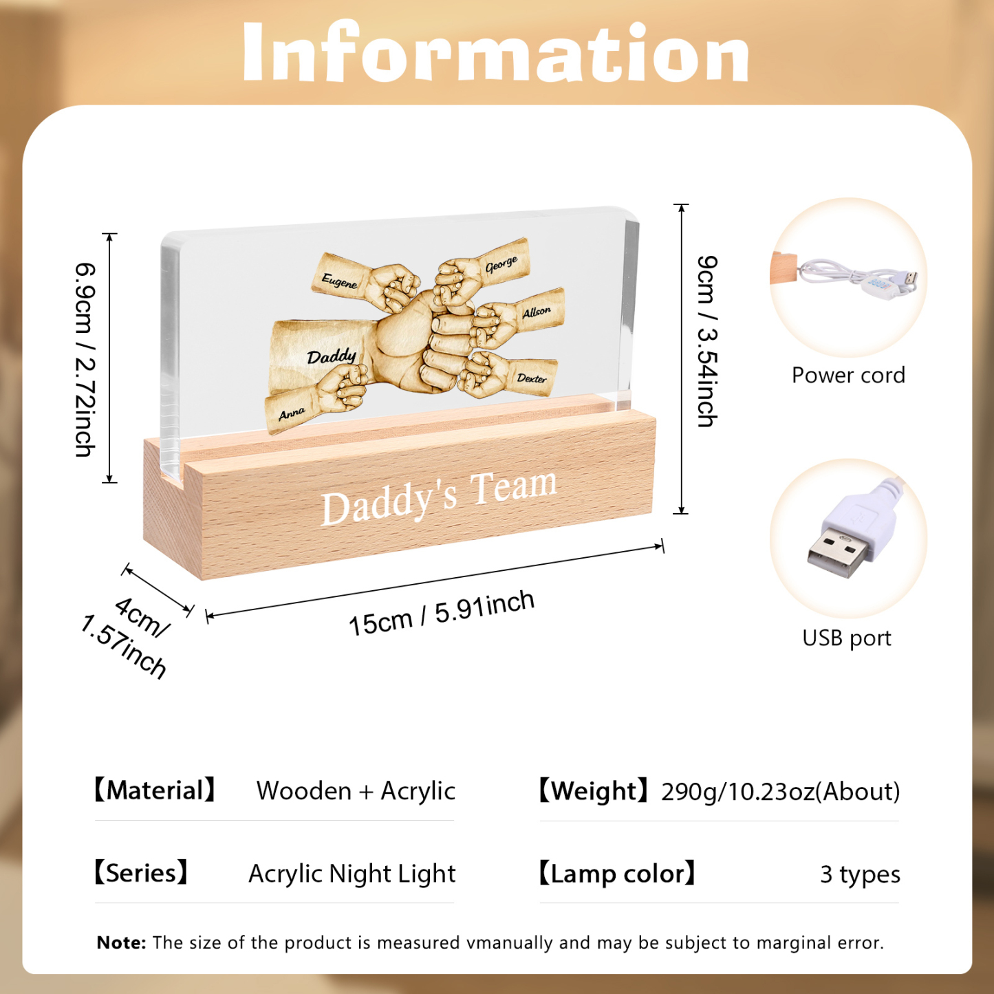 Personalisierte 6 Namen & Text PAPA Faust Nachtlicht Geschenk für Vater