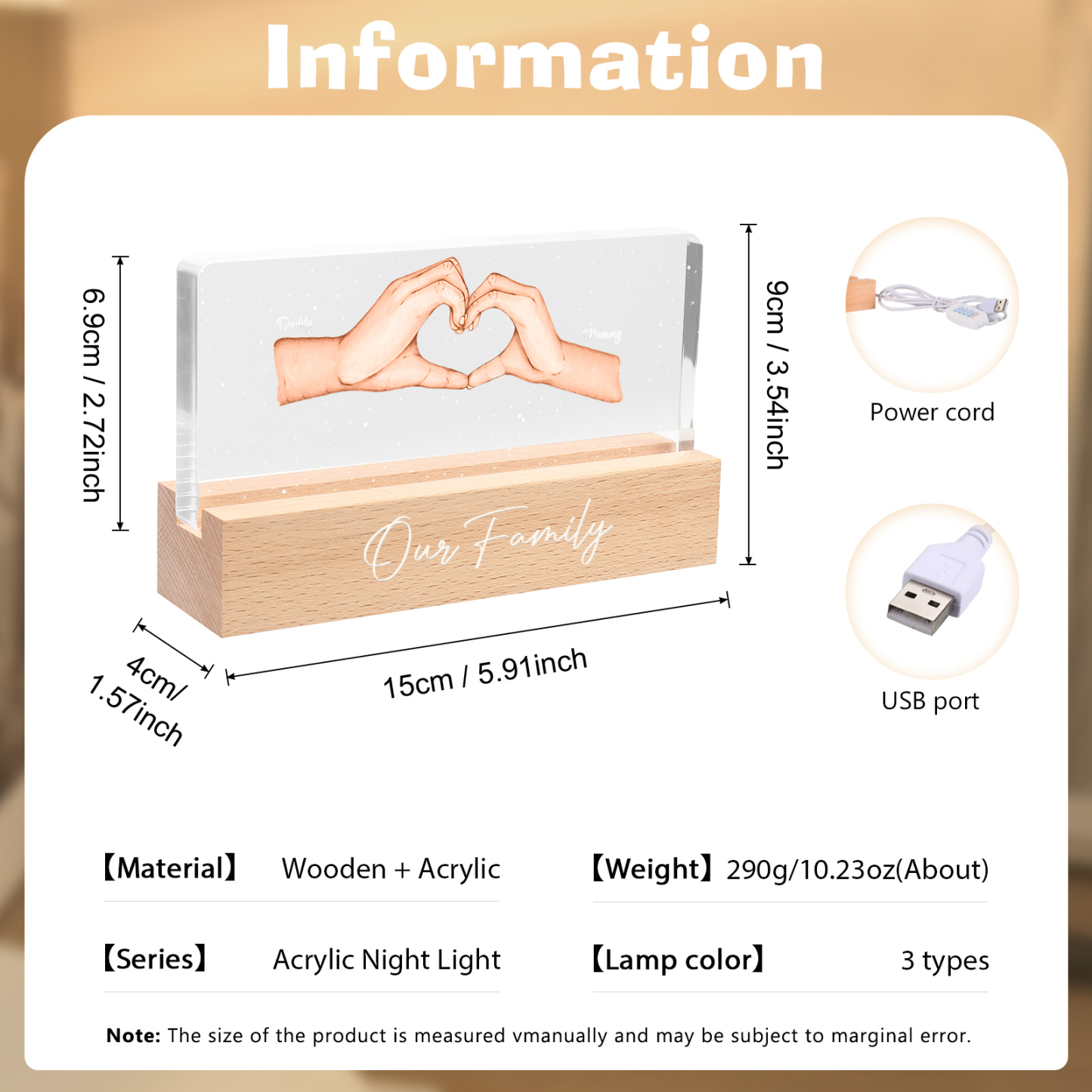 Personalisierte 2 Namen & Text PAPA Hand in Hand Nachtlicht Geschenk für Vater-Unsere Familie