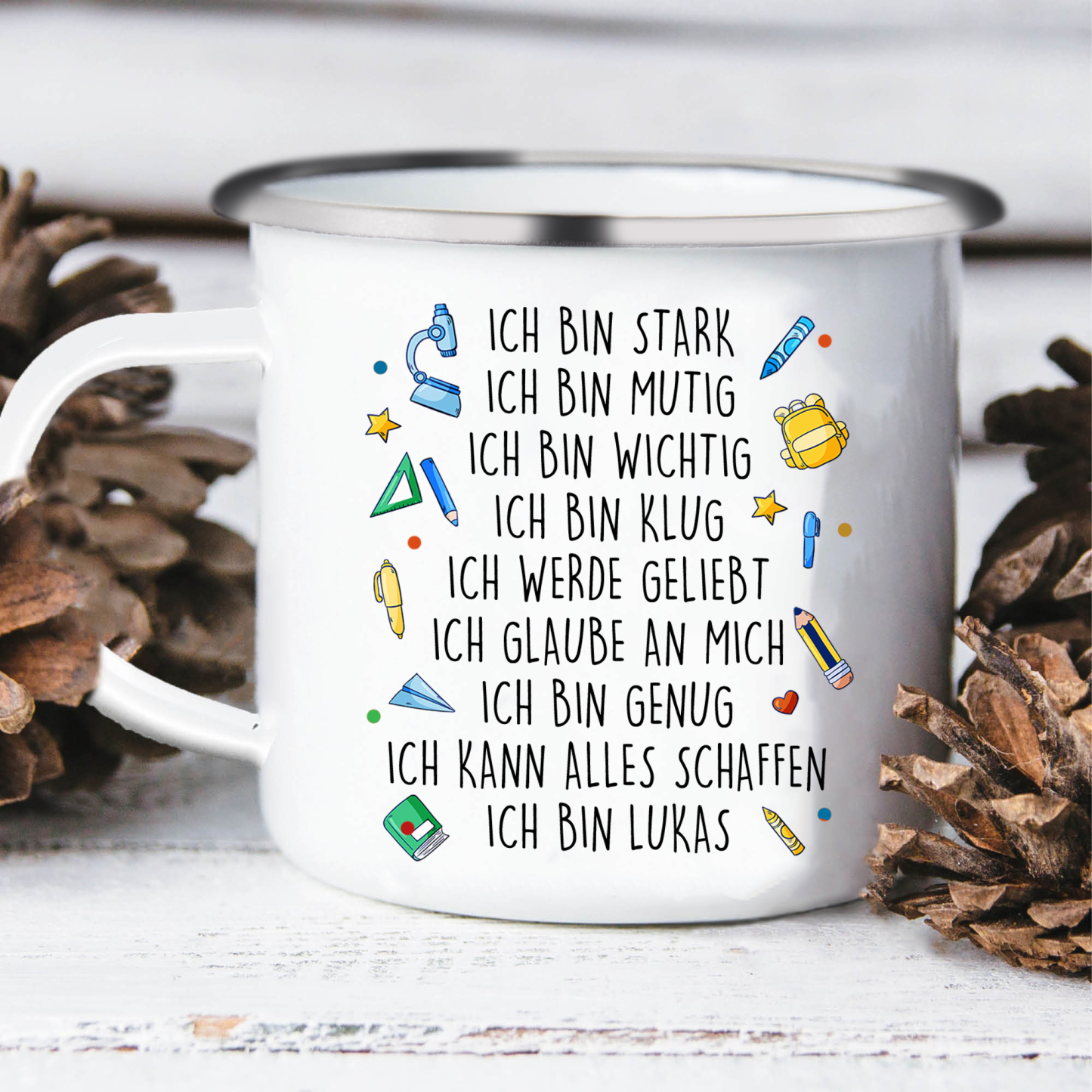 Emaille Tasse-Personalisierter Name & Datum Tiger Becher - Hurra ich bin ein Schulkind Ich kann alles schaffen - Geschenk zum Schulanfang
