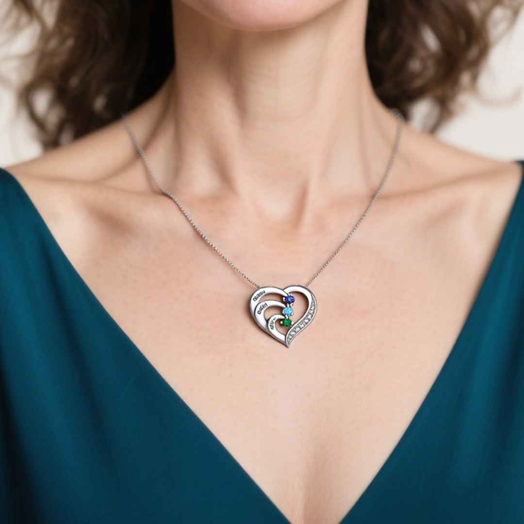 925 Sterling Silber Personalisierte 3 Namen Herz Halskette mit 3 Geburtssteinen