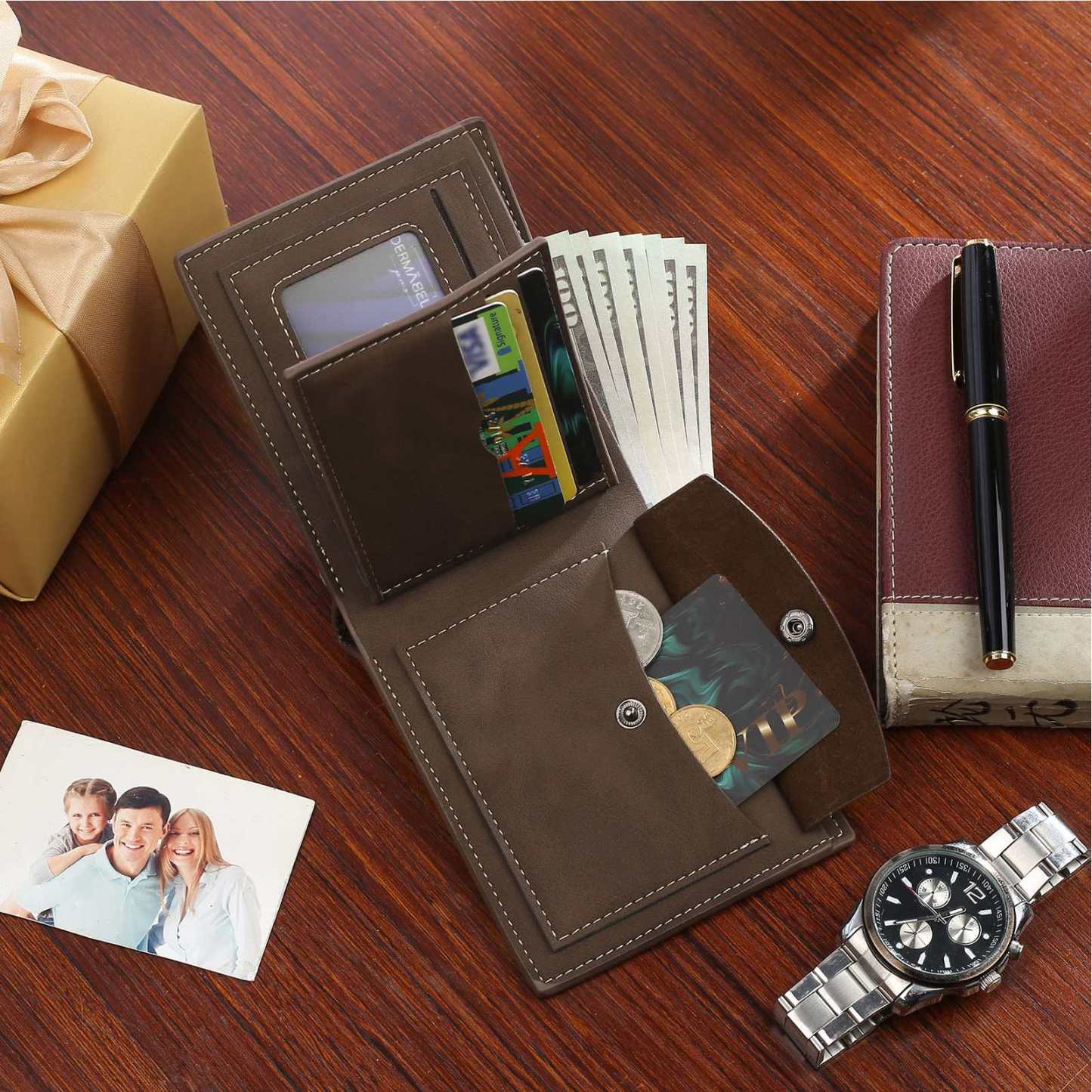 Herren Personalisiertes Foto & 5 Namen & Muster Dieser tolle Papa gehört zu Leder Geldbörse-Geschenk für Vater