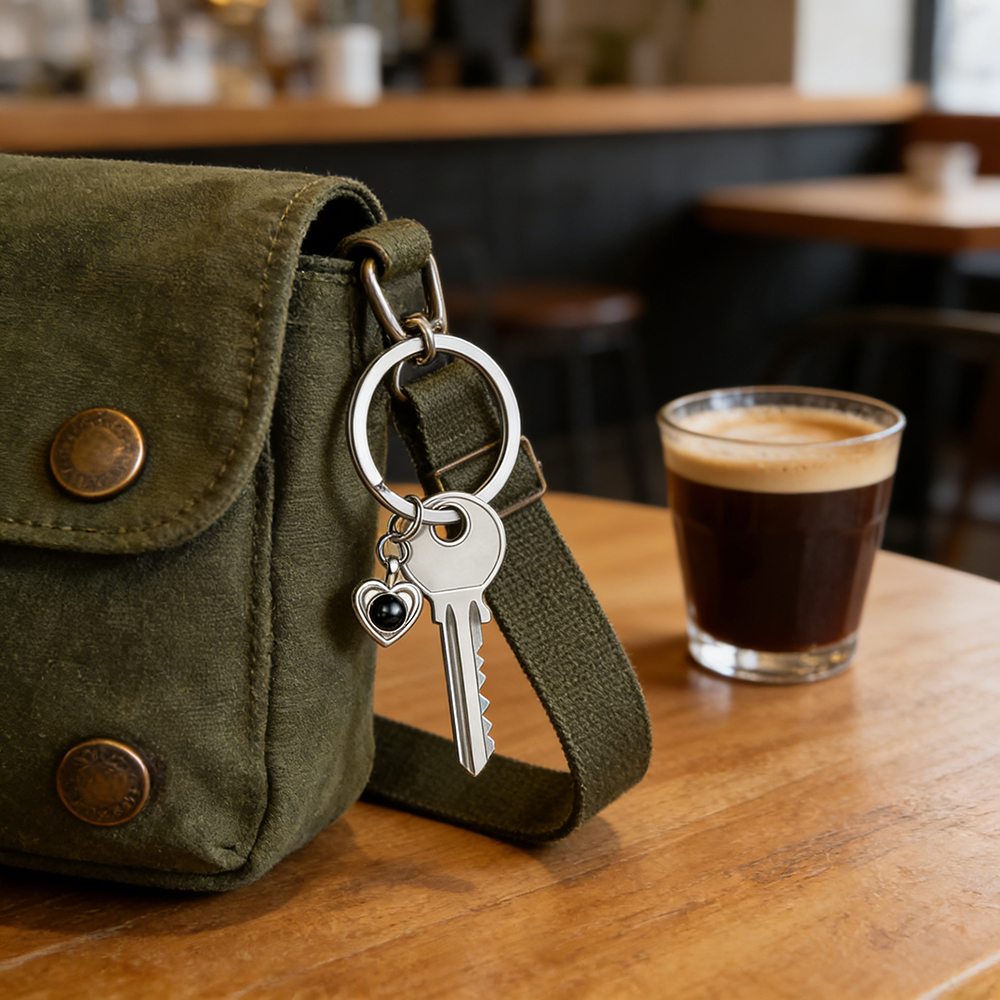 Personalisierter Schlüsselanhänger mit Herz und Projektionsfoto