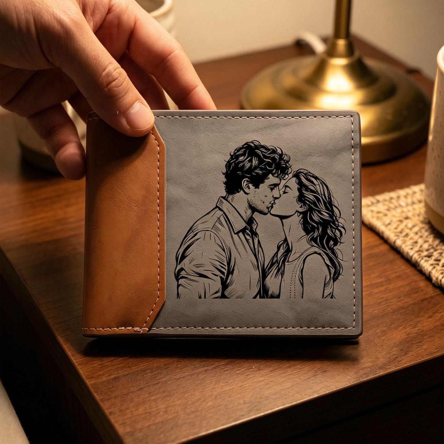 Personalisierte Herren‑Geldbörse mit Foto‑Gravur oder Monogramm zweifarbiges PU‑Leder