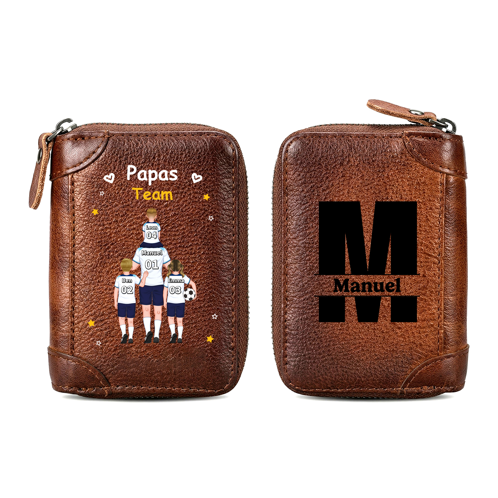 Personalisiertes Kartenetui aus echtem Leder mit Reißverschluss Papas Team mit 2–6 Kindernamen