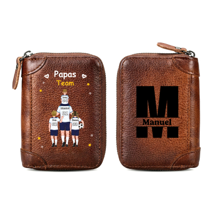 Personalisiertes Kartenetui aus echtem Leder mit Reißverschluss Papas Team mit 2–6 Kindernamen