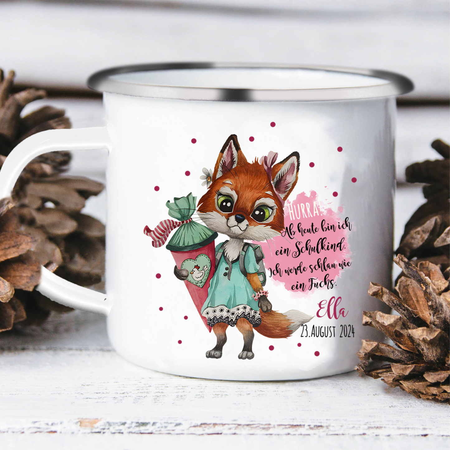 Emaille Tasse-Personalisierter Name & Datum Hase Becher - Hurra ab heute bin ich ein Schulkind Ich werde schau wie ein Fuchs - Geschenk zum Schulanfang