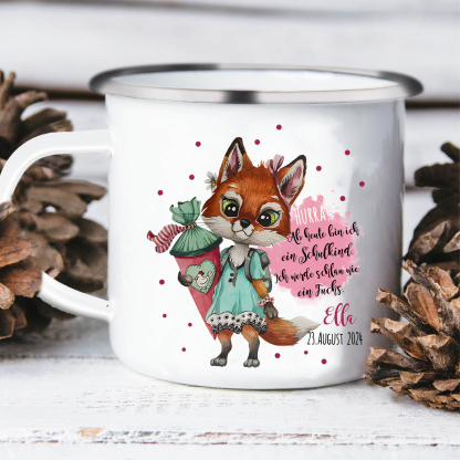 Emaille Tasse-Personalisierter Name & Datum Hase Becher - Hurra ab heute bin ich ein Schulkind Ich werde schau wie ein Fuchs - Geschenk zum Schulanfang
