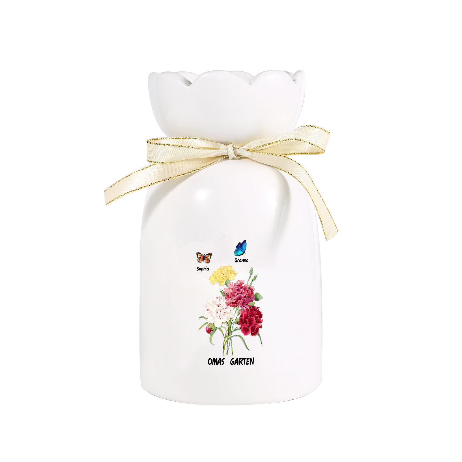 Personalisierte 2 Namen & Text Blumen & Schmetterling Familie Vase Geschenk für Oma Großmutter