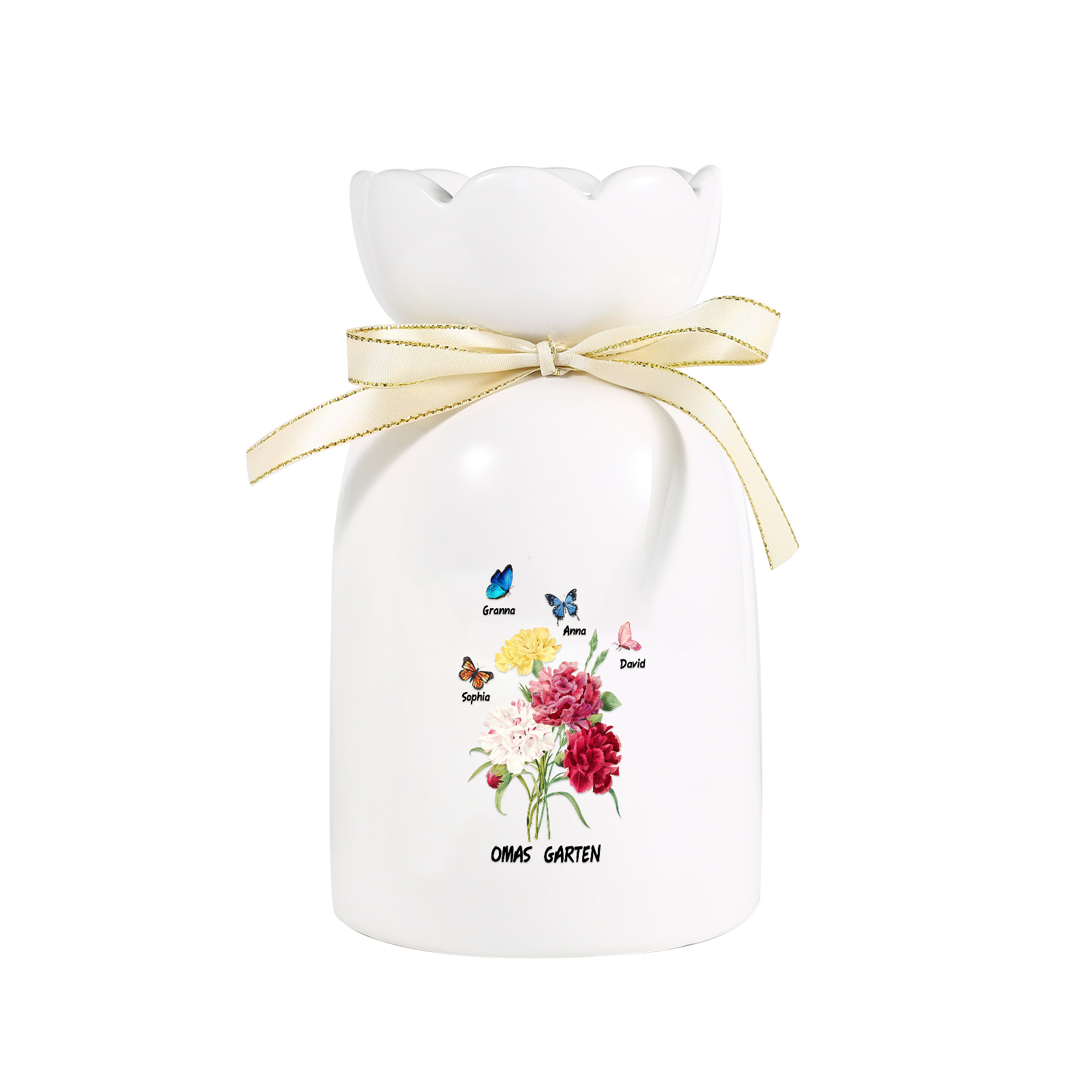 Personalisierte 4 Namen & Text Blumen & Schmetterling Familie Vase Geschenk für Oma Großmutter