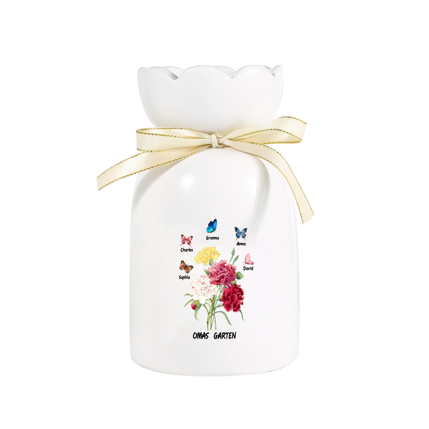 Personalisierte 5 Namen & Text Blumen & Schmetterling Familie Vase Geschenk für Oma Großmutter