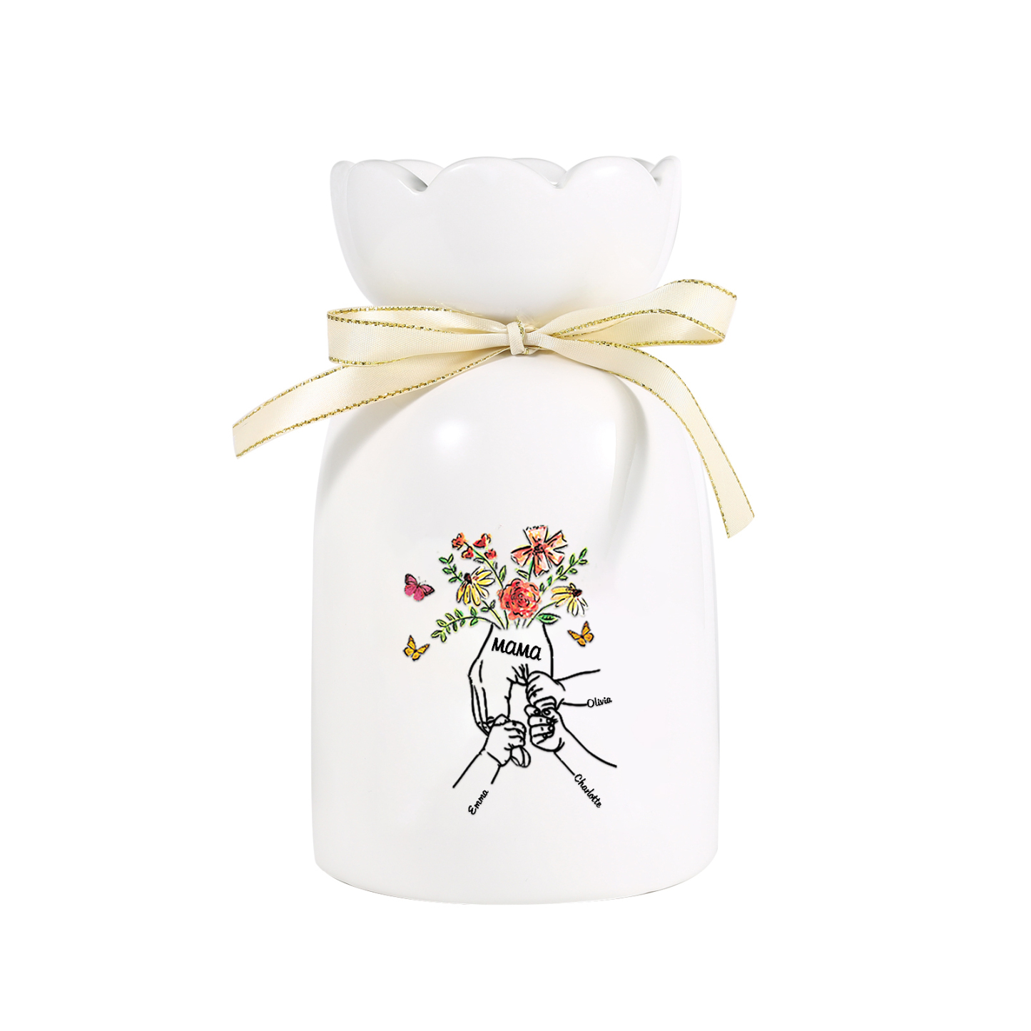 Personalisierte 3 Namen & Text Blumen & Schmetterling Familie Vase Geschenk für Mama/ Oma