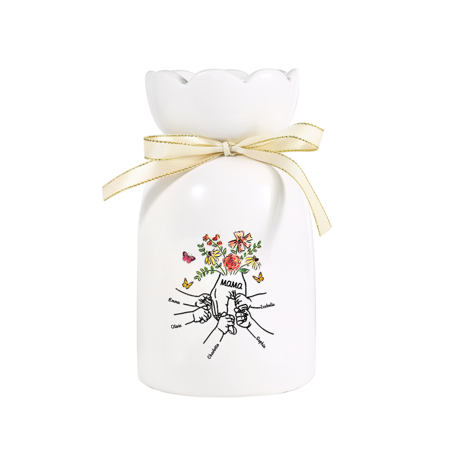 Personalisierte 5 Namen & Text Blumen & Schmetterling Familie Vase Geschenk für Mama/ Oma